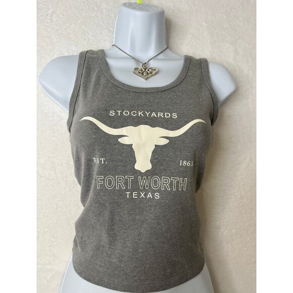 Texas Fort Worth Longhorn Gray Baby Tee Tank sz L Western y2k Obsessive Love - Picture 1 of 7